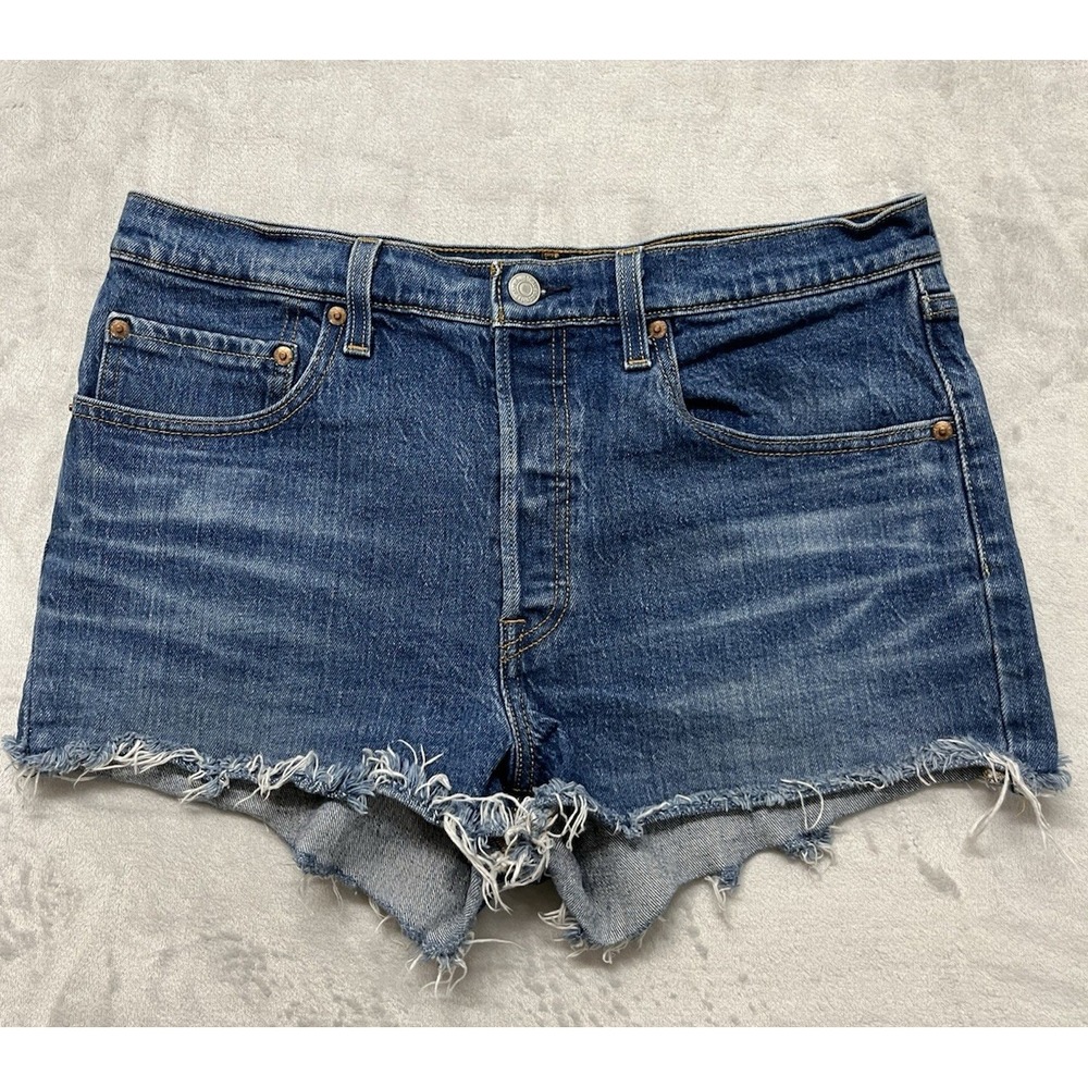 501 Levi's Cut Off Short Women 30 Blue Wash Regular Button Fly Whisker Raw Hem